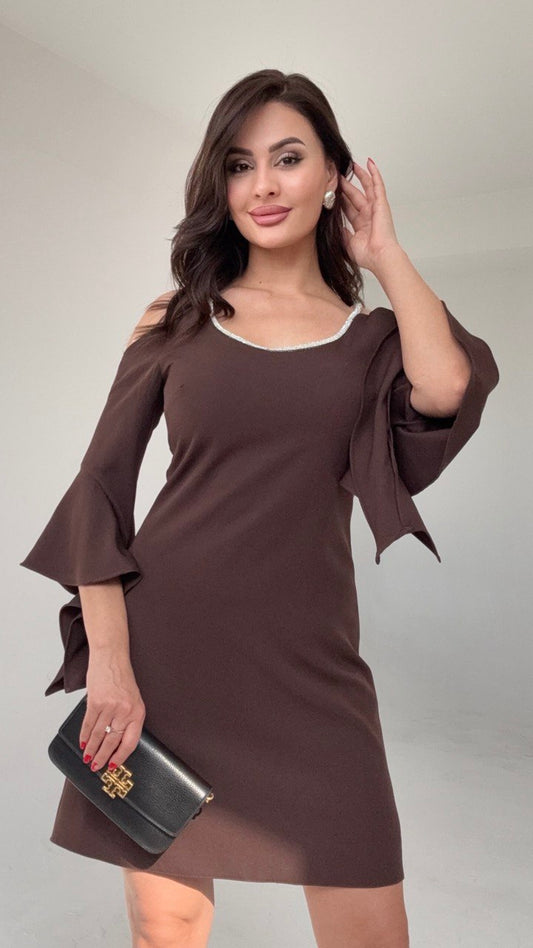 COLD SHOULDER MINI DRESS WITH CRYSTAL DETAIL AND FLARED SLEEVES – BROWN