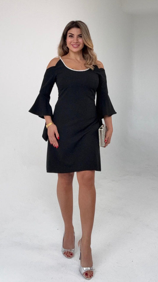 COLD SHOULDER MINI DRESS WITH CRYSTAL DETAIL AND FLARED SLEEVES – BLACK
