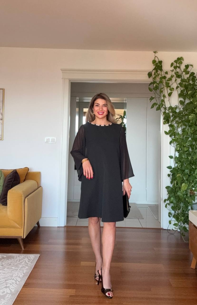 MIDI DRESS WITH ZIRCON DETAILS AND CHIFFON SLEEVES – BLACK