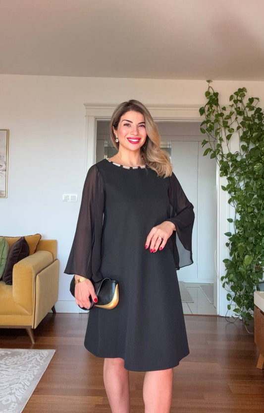 MIDI DRESS WITH ZIRCON DETAILS AND CHIFFON SLEEVES – BLACK