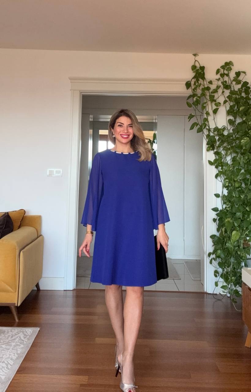 MIDI DRESS WITH ZIRCON DETAILS AND CHIFFON SLEEVES – ROYAL BLUE