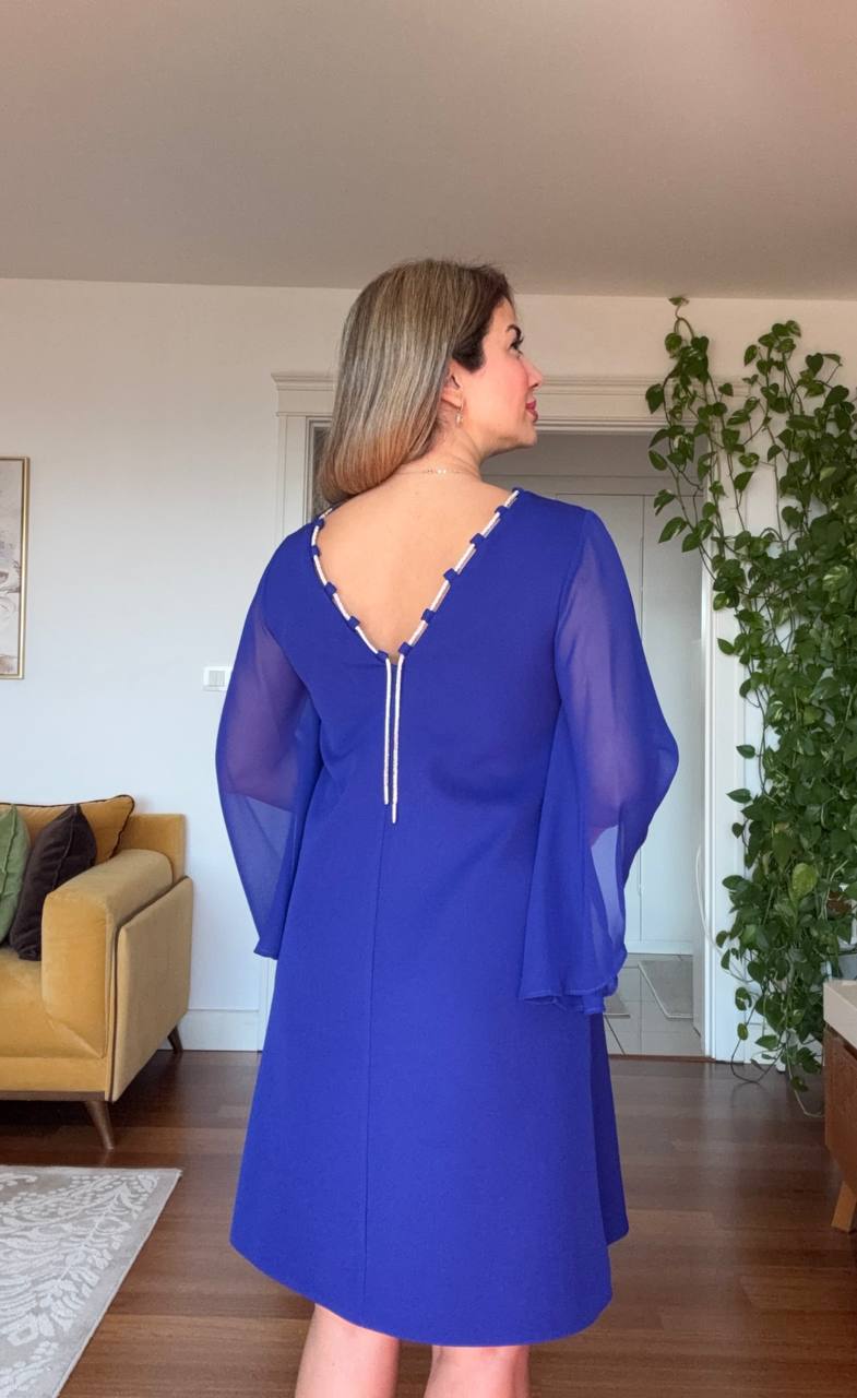 MIDI DRESS WITH ZIRCON DETAILS AND CHIFFON SLEEVES – ROYAL BLUE