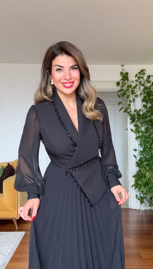 MESH SLEEVE BEADED PLEATED DRESS – BLACK