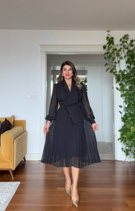 MESH SLEEVE BEADED PLEATED DRESS – BLACK