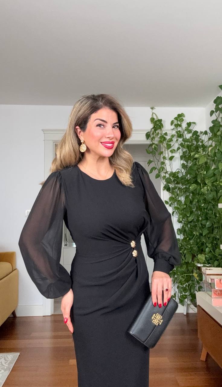 DRAPED MIDI DRESS WITH STONE BUTTON DETAIL – BLACK