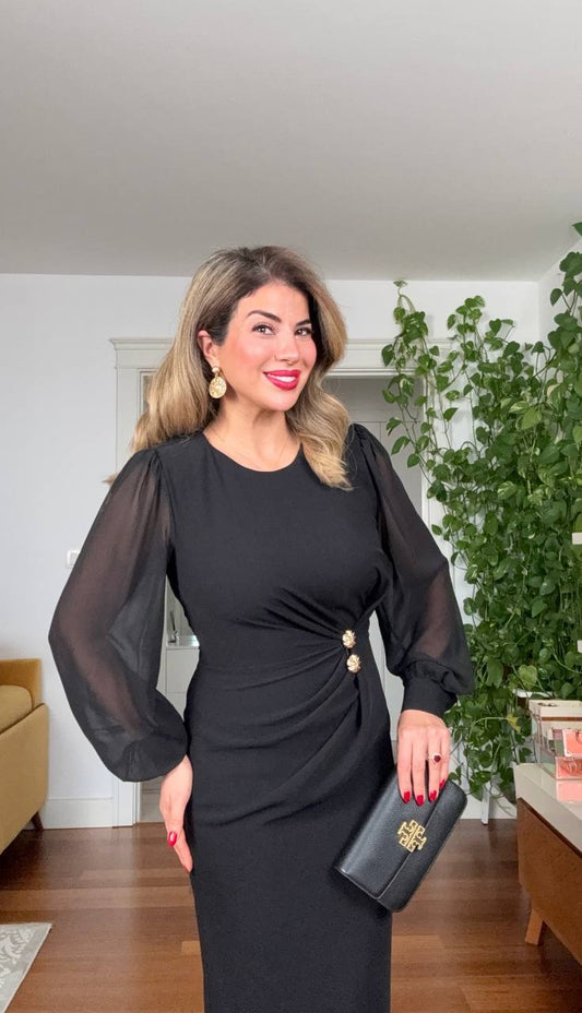 DRAPED MIDI DRESS WITH STONE BUTTON DETAIL – BLACK