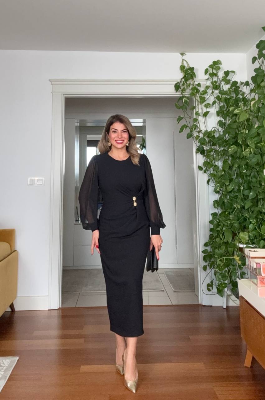 DRAPED MIDI DRESS WITH STONE BUTTON DETAIL – BLACK