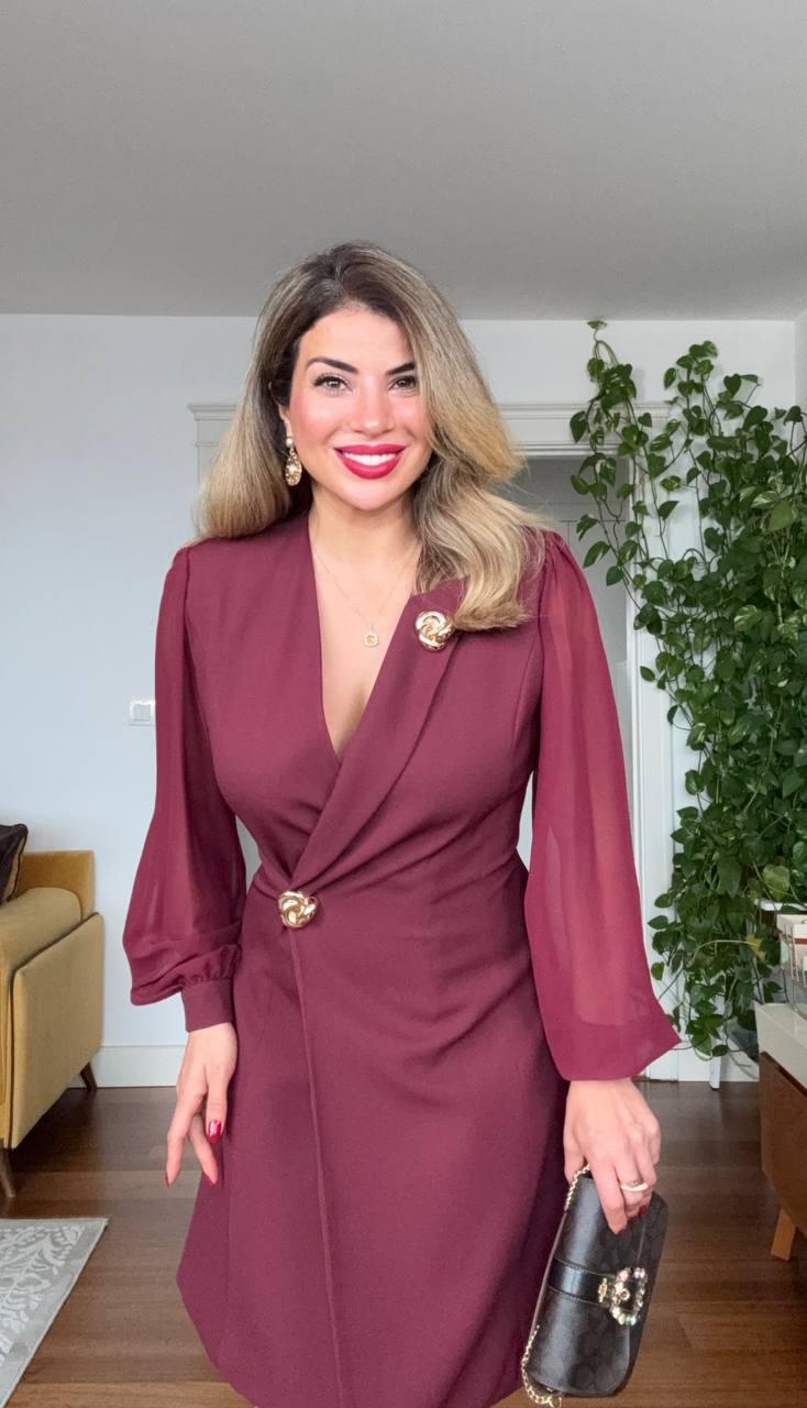 CROSS COLLAR DRESS - BURGUNDY