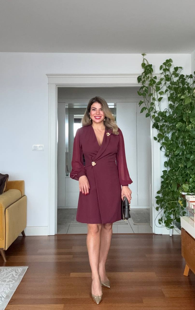 CROSS COLLAR DRESS - BURGUNDY