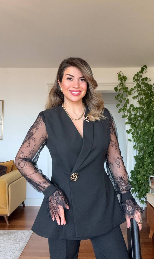 GUIPURE LACE DETAILED DOUBLE-BREASTED CHIC SET - BLACK