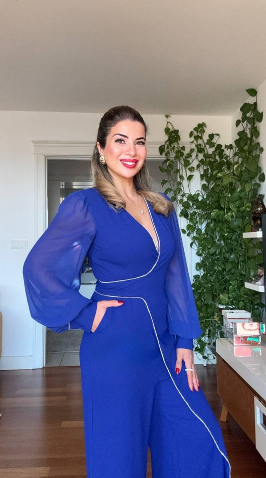 JUMPSUIT WITH CHIFFON SLEEVES AND STONE DETAIL - BLUE
