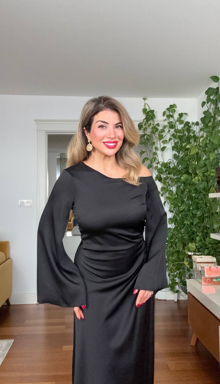 ONE-SHOULDER BEADED SATIN DRESS - BLACK