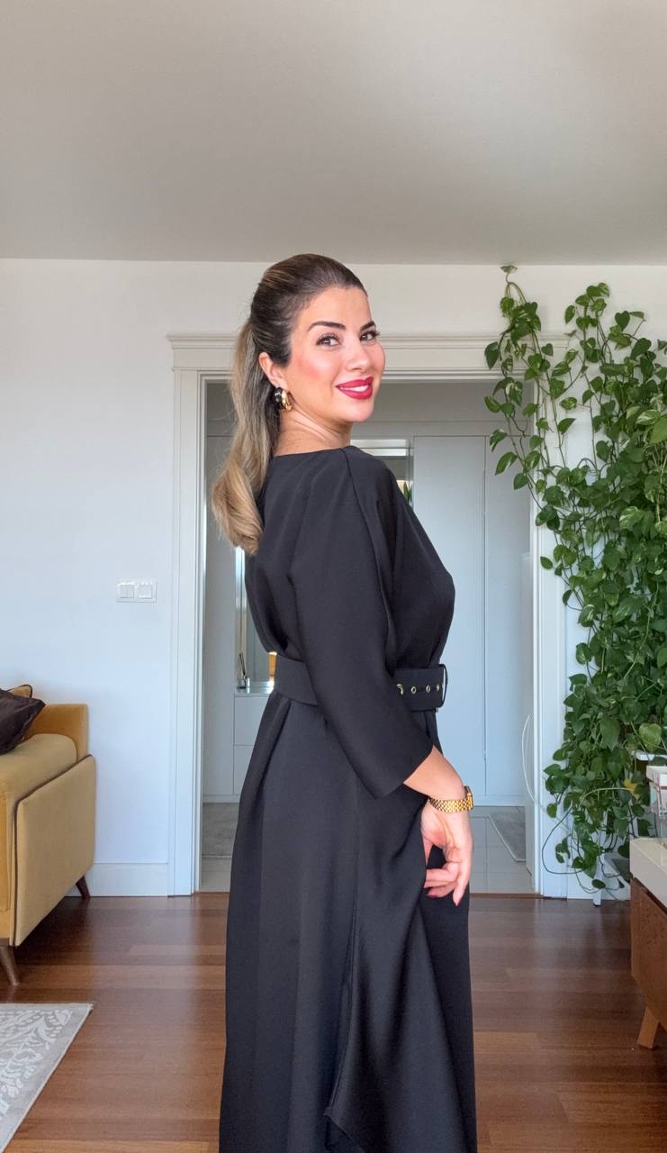 OVERSIZED BELTED MIDI DRESS – SİYAH