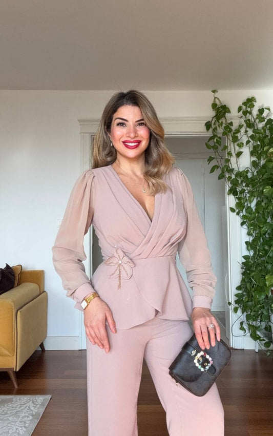CHIFFON SLEEVE WRAP PEPLUM SUIT - POWDER