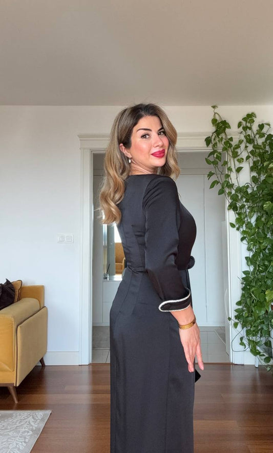 ASYMMETRICAL DRESS WITH STONE-DETAIL BELT - BLACK