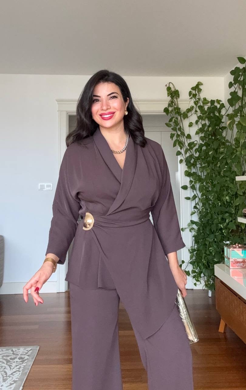 WRAP BELTED BLAZER SET - MOCHA BROWN