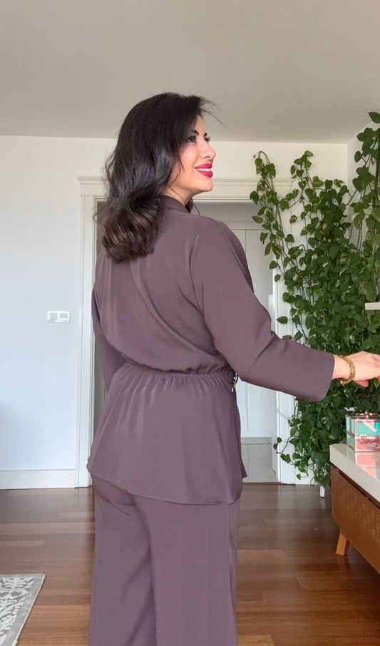 WRAP BELTED BLAZER SET - MOCHA BROWN
