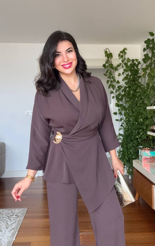 WRAP BELTED BLAZER SET - MOCHA BROWN