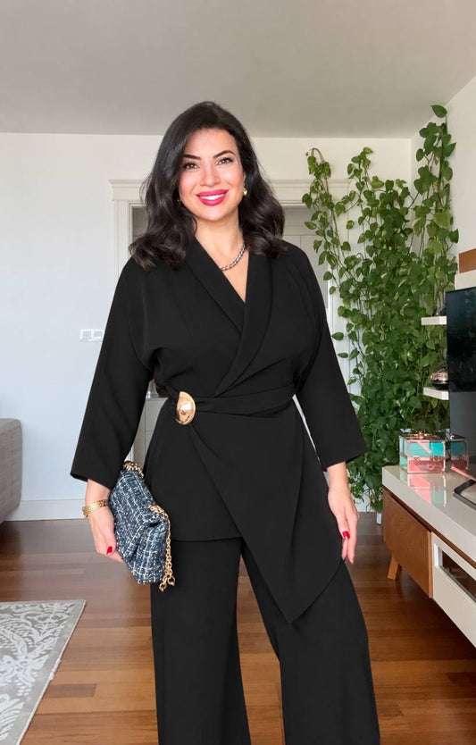 WRAP BELTED BLAZER SET - BLACK