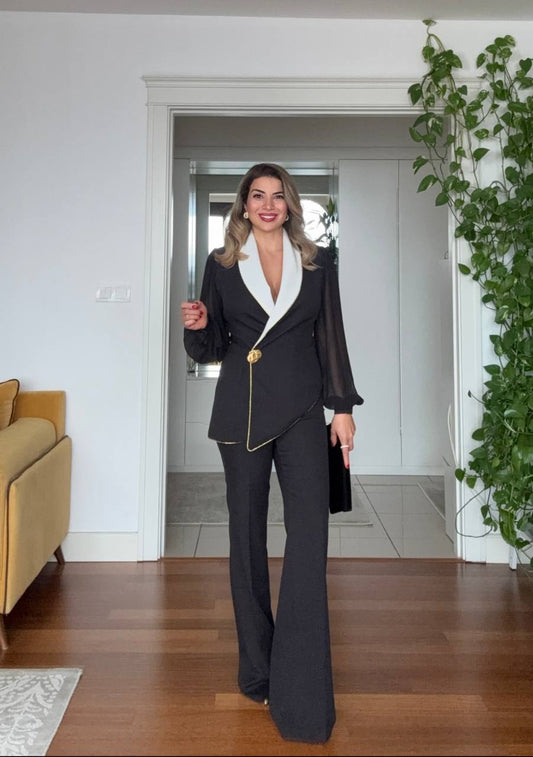 CHIFFON SLEEVE ASYMMETRIC BLAZER SUIT – BLACK