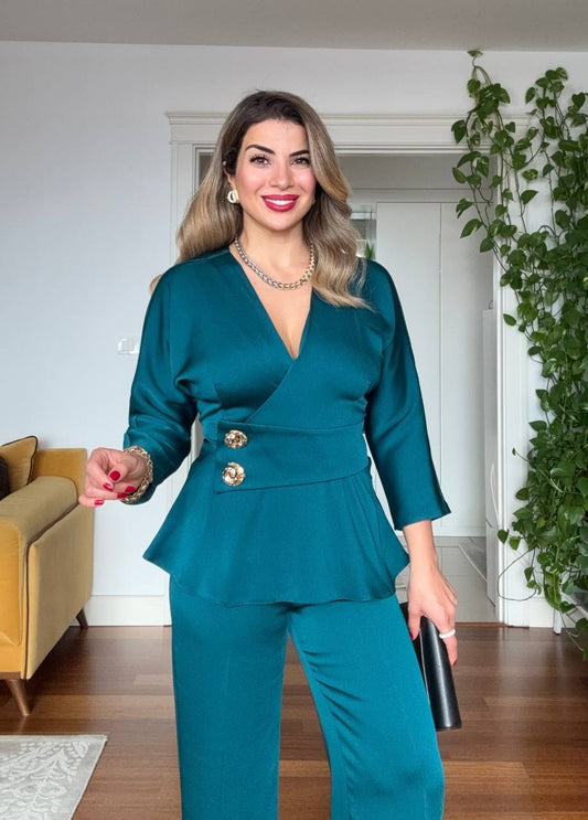 ELEGANT WRAP PEPLUM SUIT – PETROL BLUE