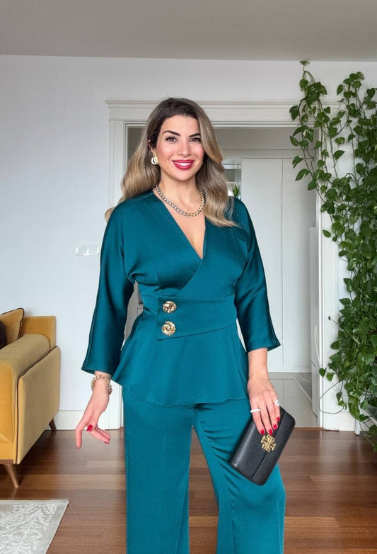 ELEGANT WRAP PEPLUM SUIT – PETROL BLUE