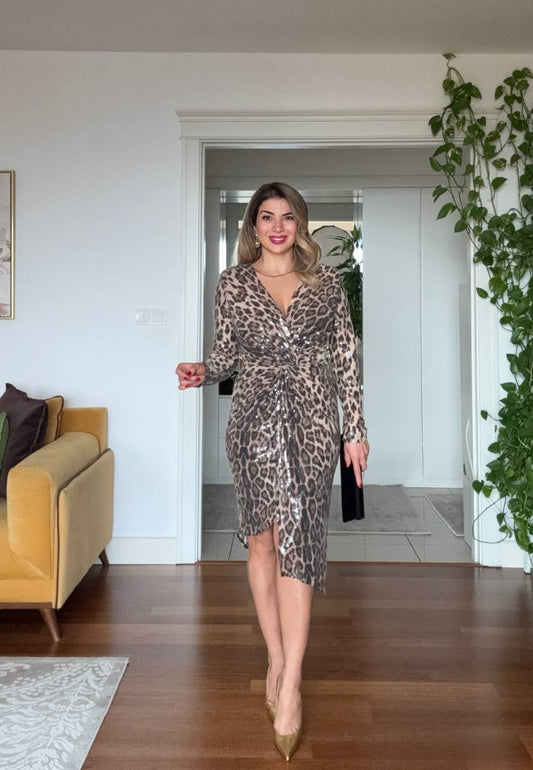 LEOPARD PRINT SEQUIN WRAP DRESS