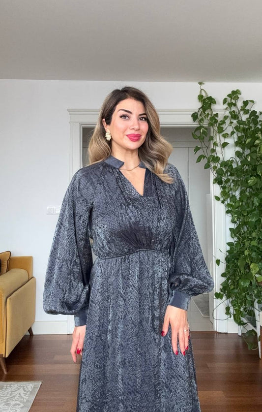 SHINY SATIN BALLOON SLEEVE MIDI DRESS
- ANTHRACITE GRAY