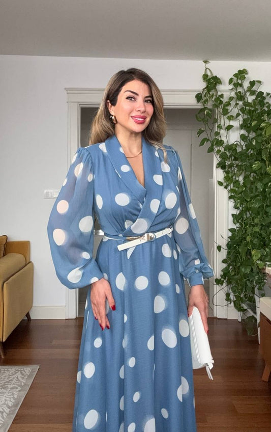 POLKA DOT CHIFFON WRAP DRESS – BLUE