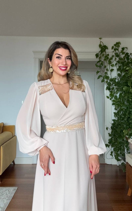 MID-LENGTH DRESS WITH EMBELLISHED WAIST & SHEER SLEEVES – BEIGE