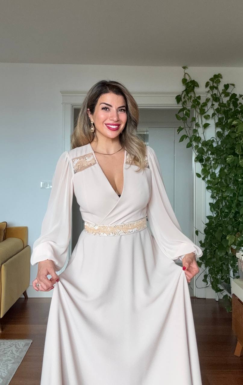 MID-LENGTH DRESS WITH EMBELLISHED WAIST & SHEER SLEEVES – BEIGE