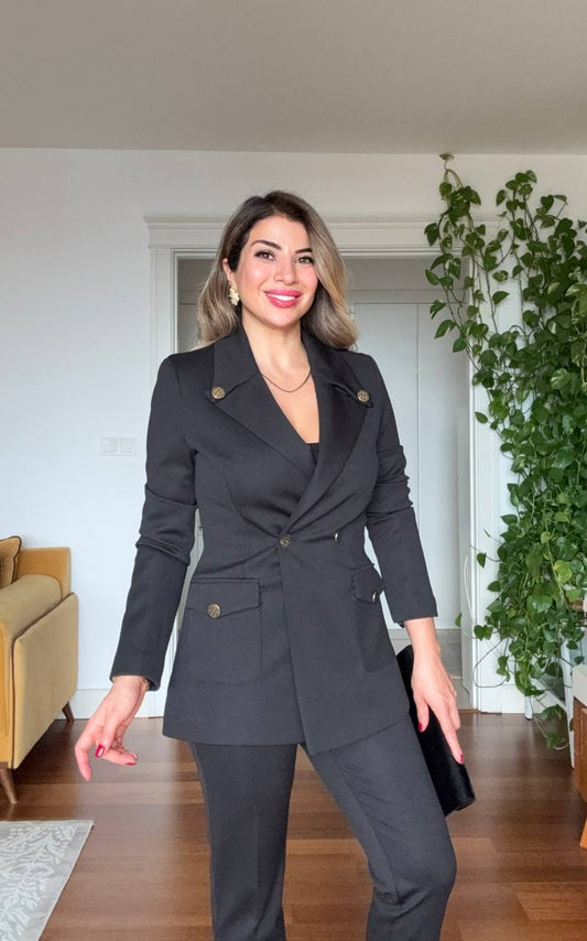 BLACK GOLD-BUTTON DOUBLE-BREASTED BLAZER SUIT – BLACK