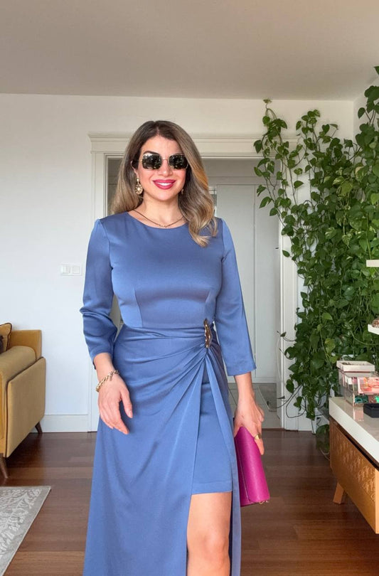 DRAPED WAIST DETAIL SATIN MAXI DRESS – BLUE