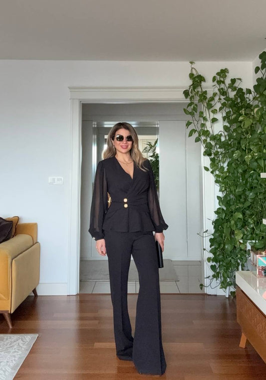 CHIFFON-SLEEVE GOLD BUTTON ELEGANT SUIT – BLACK