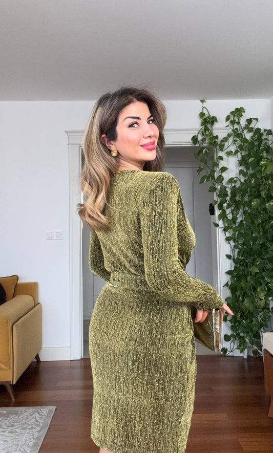 SHIMMERY WRAP NECK DRAPED MINI DRESS – GOLD GREEN
