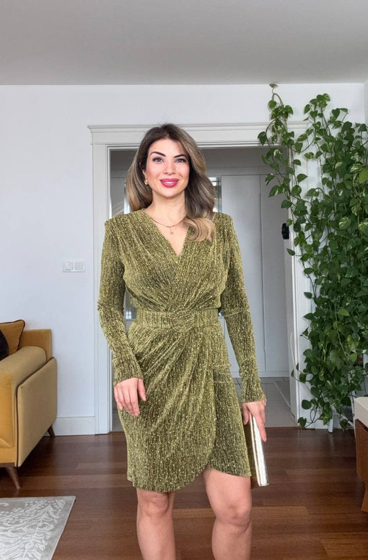 SHIMMERY WRAP NECK DRAPED MINI DRESS – GOLD GREEN