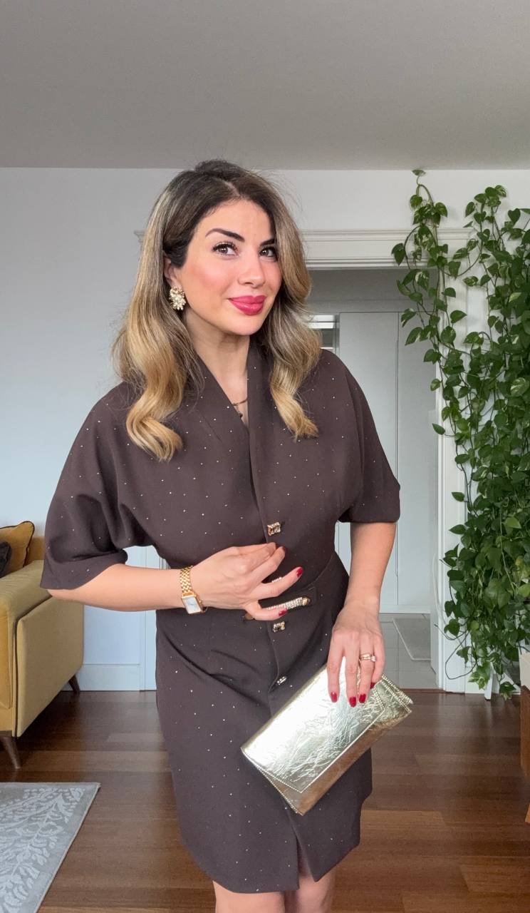 STONE EMBELLISHED BELTED BUTTON-DOWN MINI DRESS – BROWN