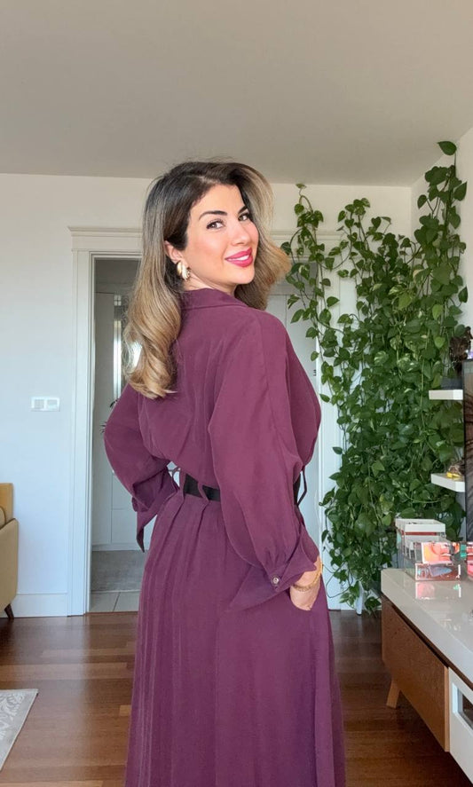 DOUBLE BELT DETAIL BUTTONED MIDI DRESS – BURGUNDY