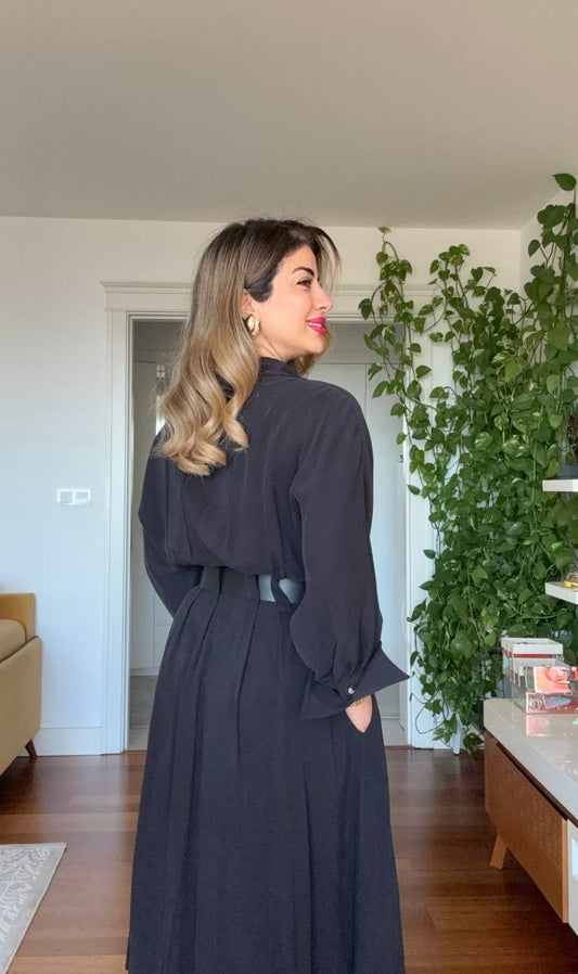 DOUBLE BELT DETAIL BUTTONED MIDI DRESS – BLACK