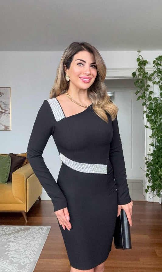 ASYMMETRIC NECKLINE STONE DETAILED ELEGANT DRESS – BLACK