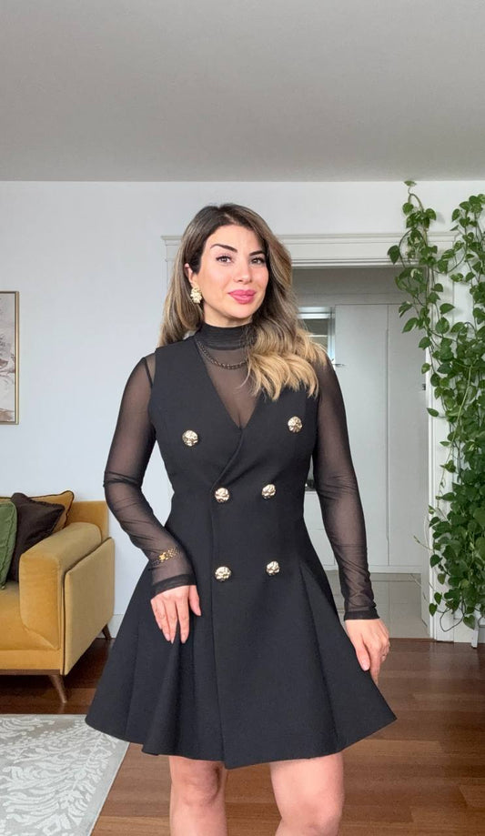 GOLD BUTTON DETAILED SHEER SLEEVE WRAP DRESS – BLACK