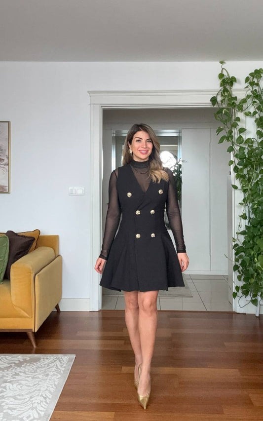 GOLD BUTTON DETAILED SHEER SLEEVE WRAP DRESS – BLACK