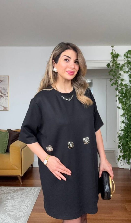 GOLD APPLIQUÉ DETAILED OVERSIZE MINI DRESS – BLACK