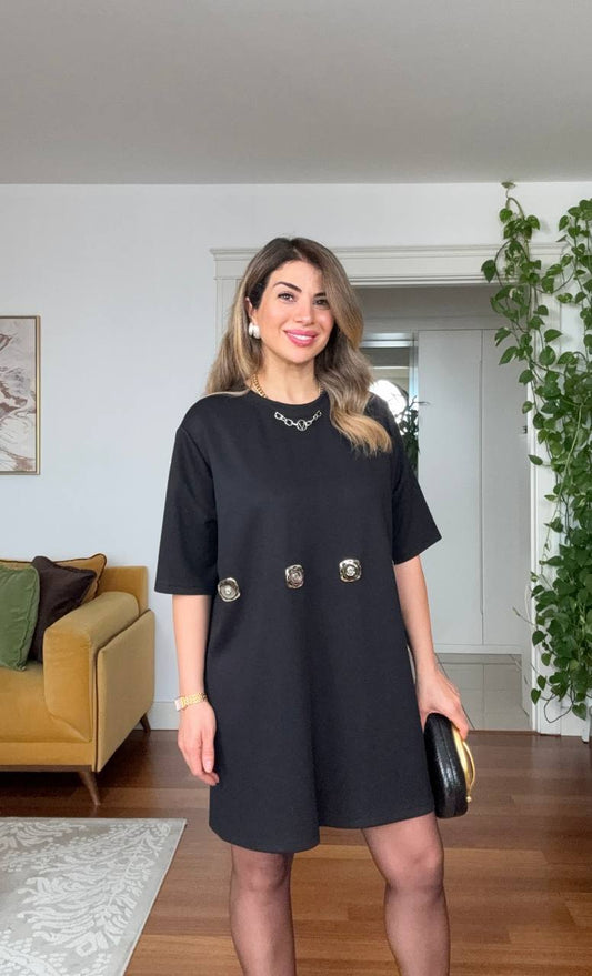 GOLD APPLIQUÉ DETAILED OVERSIZE MINI DRESS – BLACK