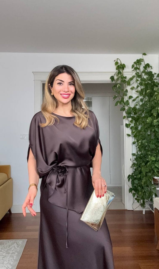 SATIN FABRIC BATWING SLEEVE BELT-TIED SET – BROWN