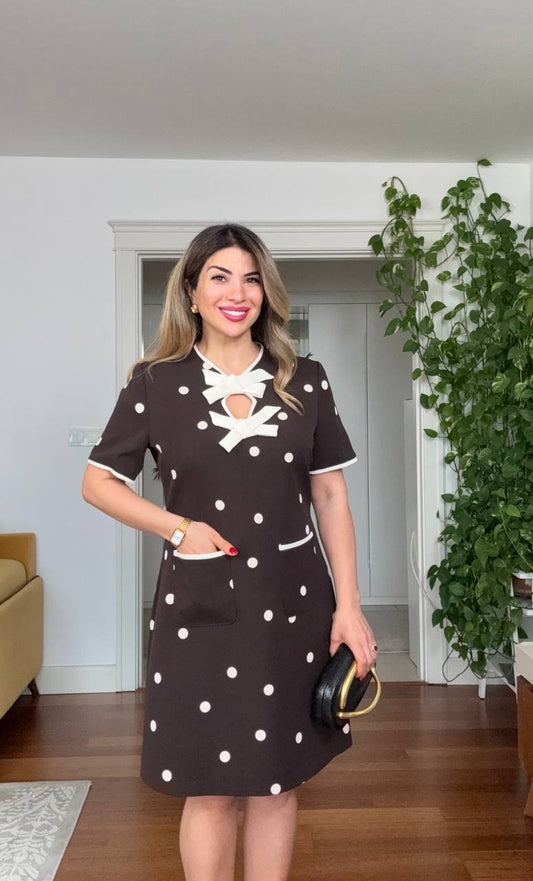 POLKA DOT MIDI DRESS WITH BOW NECK DETAIL & POCKET DESIGN – BROWN