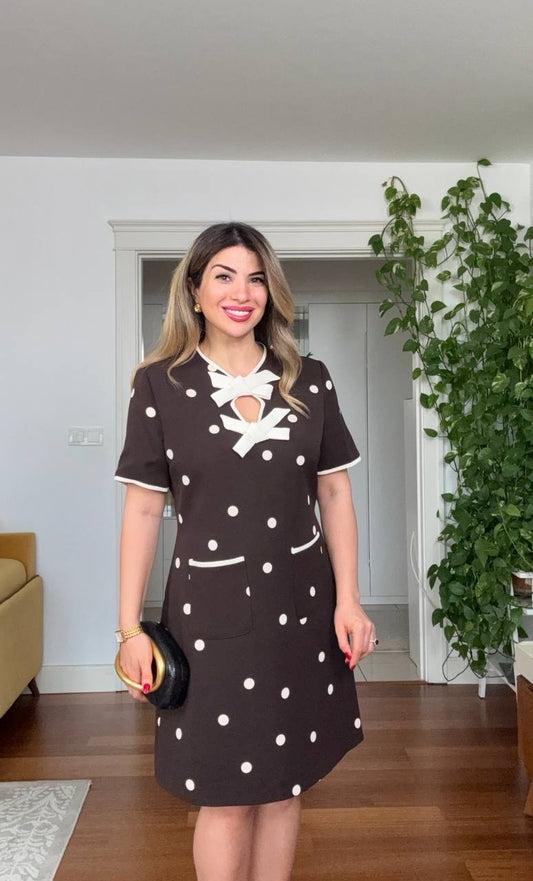 POLKA DOT MIDI DRESS WITH BOW NECK DETAIL & POCKET DESIGN – BROWN