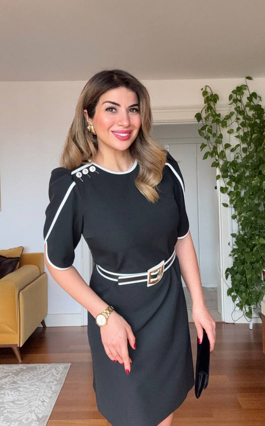 CONTRAST TRIM BELTED ELEGANT MIDI DRESS – BLACK