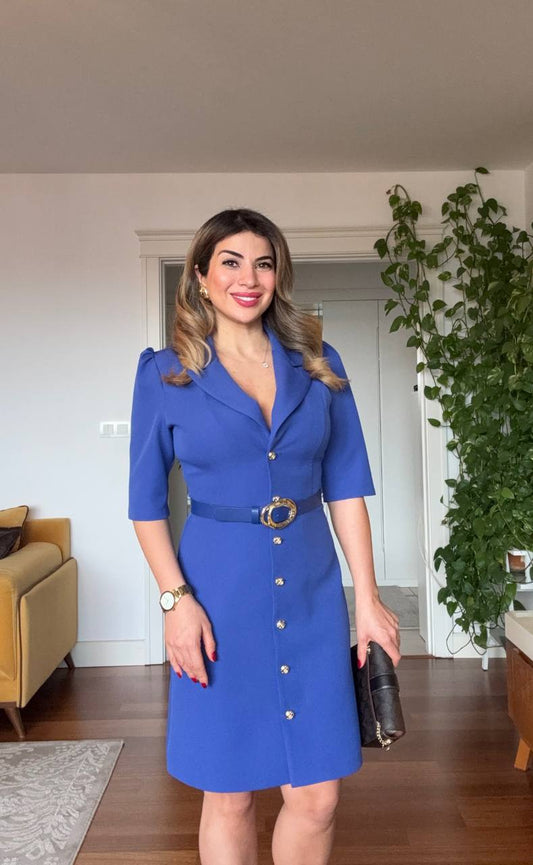 BELTED BUTTON-DOWN MIDI DRESS – SAX BLUE