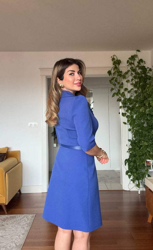 BELTED BUTTON-DOWN MIDI DRESS – SAX BLUE